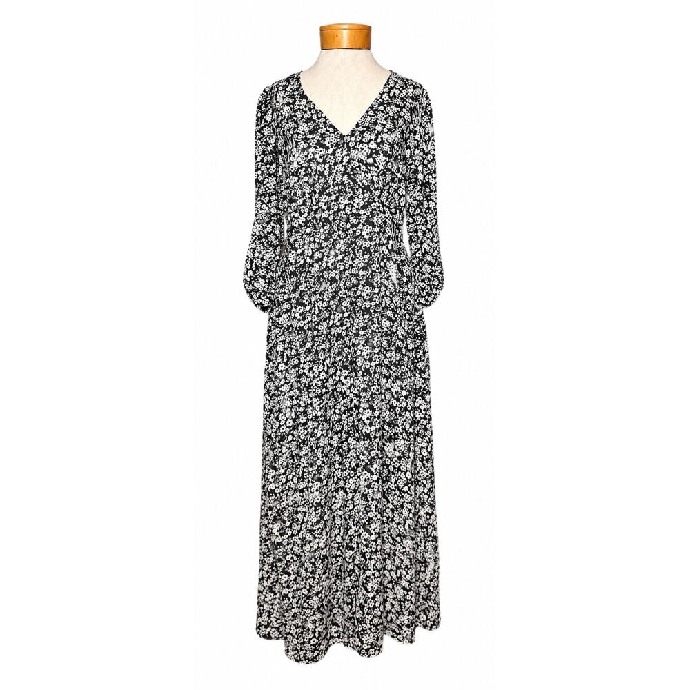 Emma Michele Floral Maxi Dress M Black White Ditsy 90s Style Sheer V-Neck Whimsy